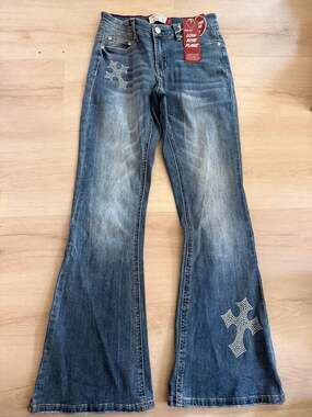 Project Rebel Low Rise Flare Rhinestone Cross Denim Jeans Size 7